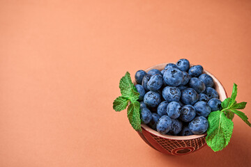 Blueberries in a ceramic bowl on an orange background. View from above