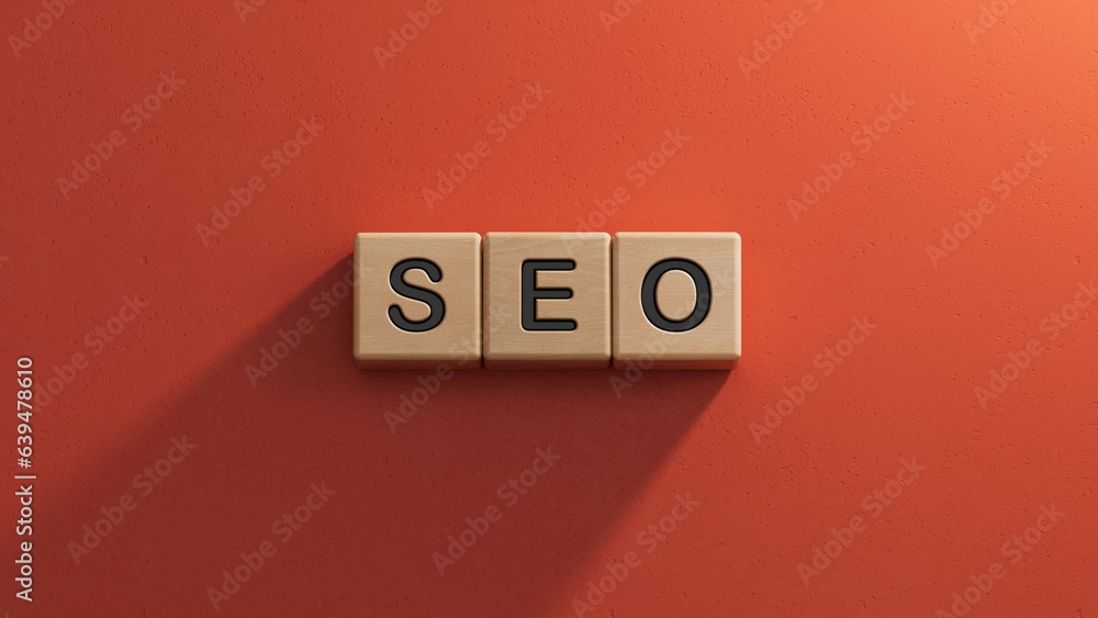 Poster seo text on wooden cubes.3d rendering on red background.