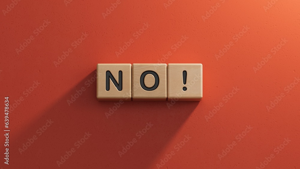 Poster wooden cubes with text no. negative answer concept. no risk, no violence or no discrimination concep