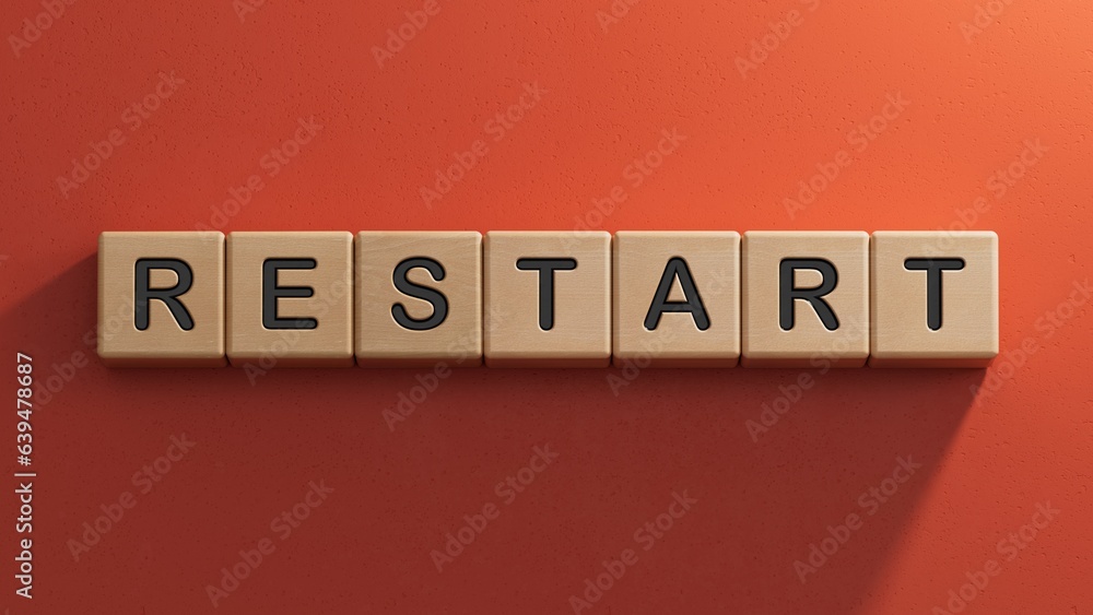 Poster wooden blocks with the text: restart. new business relaunch startup concept.3d rendering on red back