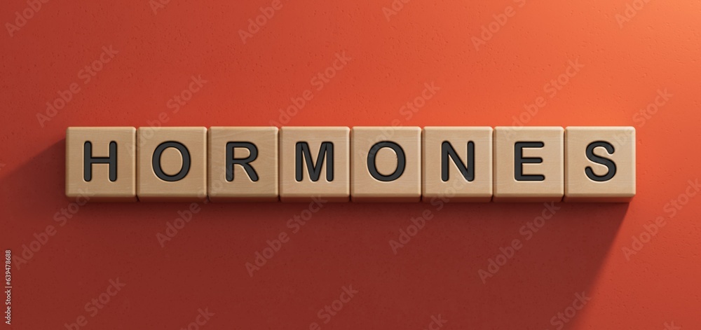 Poster hormones word cube. medical concept.3d rendering on red background.