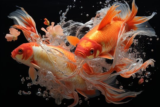 Two beautiful koi fish wrapped in water and splashes isolated on black background