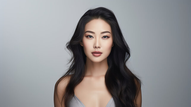 A Portrait of a confident beautiful Asian model on a white background.