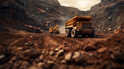 A  Heavy mining truck and excavator developing the iron ore on the opencast mining site - obrazy, fototapety, plakaty