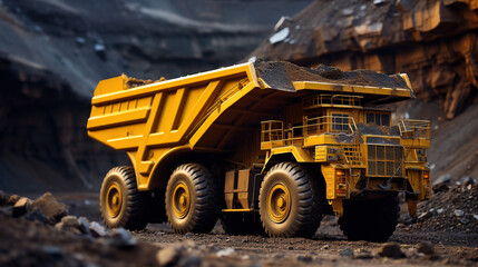 A  Heavy mining truck and excavator developing the iron ore on the opencast mining site