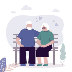 Couple of old people sitting on bench. Family relations, partnership. Elderly people outdoor. Relationship, love. Retirement, grandparents together.