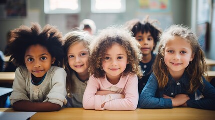 Happy children study in the classroom. A group of kids learn at school. Learning and education concept.