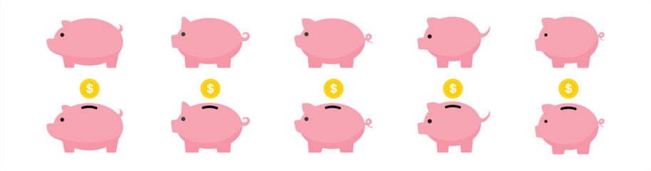 Pig icon. Piggy bank saving money icon. Piggy bank icon collection. Piggy bank and piggy icon in flat style. Baby pig sign and symbol. vector illustration.