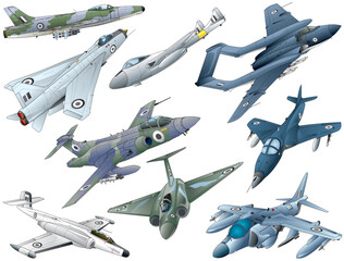 9 famous English jet fighter selection, illustrated vector collection. - obrazy, fototapety, plakaty