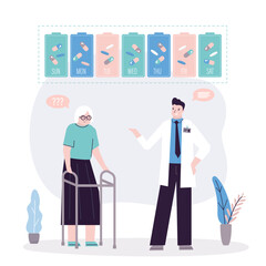 Old woman is talking to doctor. Medical specialist makes weekly medication schedule. Recipe for medication. Schedule and treatment plan. Health care for elderly people.