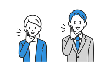 呼びかけのポーズをするビジネスパーソン男女のセット【人物ベクターイラスト素材】