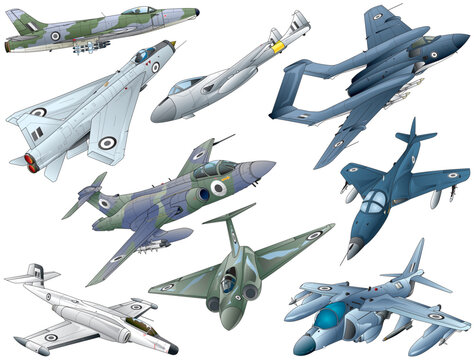 9 famous English jet fighter selection, illustrated vector collection.