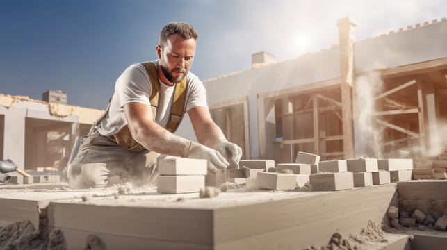 A happy white builder laying bricks for a house. Architecture. construction. engineering. mortgages. realistic photorealistic