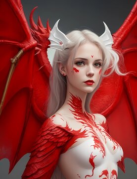 white anime woman with red dragon wings paint of angel