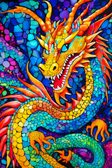 Mosaic depicting a mythological Chinese dragon. Zodiac sign and symbol of the new year - obrazy, fototapety, plakaty