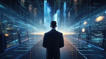 The Future Beckons: A lone businessman stands at the threshold of a dazzling digital landscape, bathed in vibrant blue light, with countless glowing screens promising limitless possibilities.