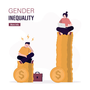 Social issues, human rights, sexism. Businesswoman sitting on much more paid money coins, sad man on less small income coin, gender payment gap, inequality between man and woman wage,