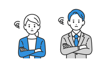 腕を組んで悩むポーズをするビジネスパーソン男女のセット【人物ベクターイラスト素材】