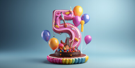 balloons cake with candles hand holding a number 5 balloon number Hd wallpaper - obrazy, fototapety, plakaty