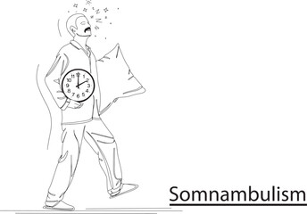 Sleepwalking Cartoon Young Man in Pajamas Dreaming with Raised Hands, Nighttime Dreamer, Simple One-Line Clipart of a Dreaming Guy in Pajamas with somnambulism disorder
