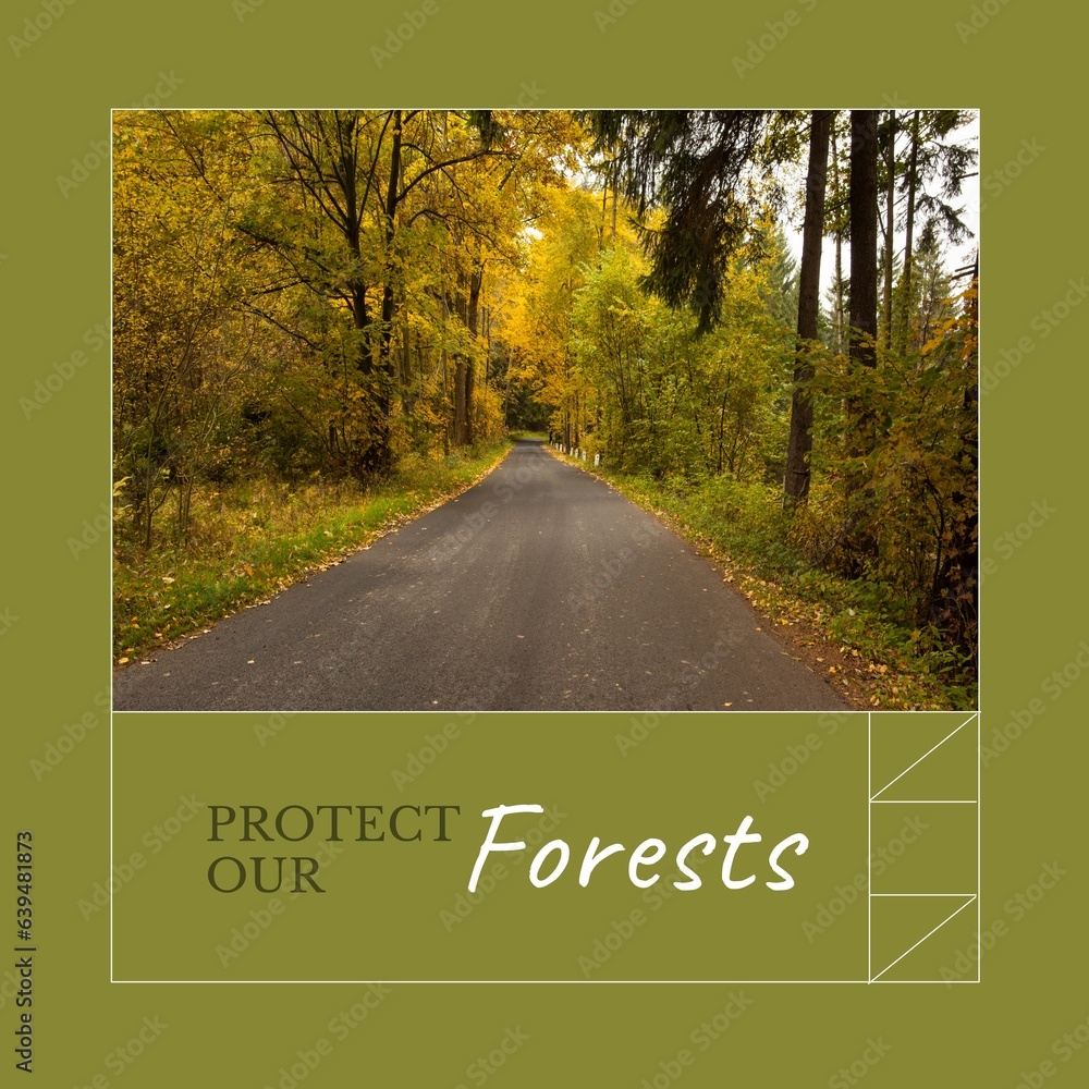 Aufkleber composite of protect our forests text and tranquil view of empty road amidst trees in woods