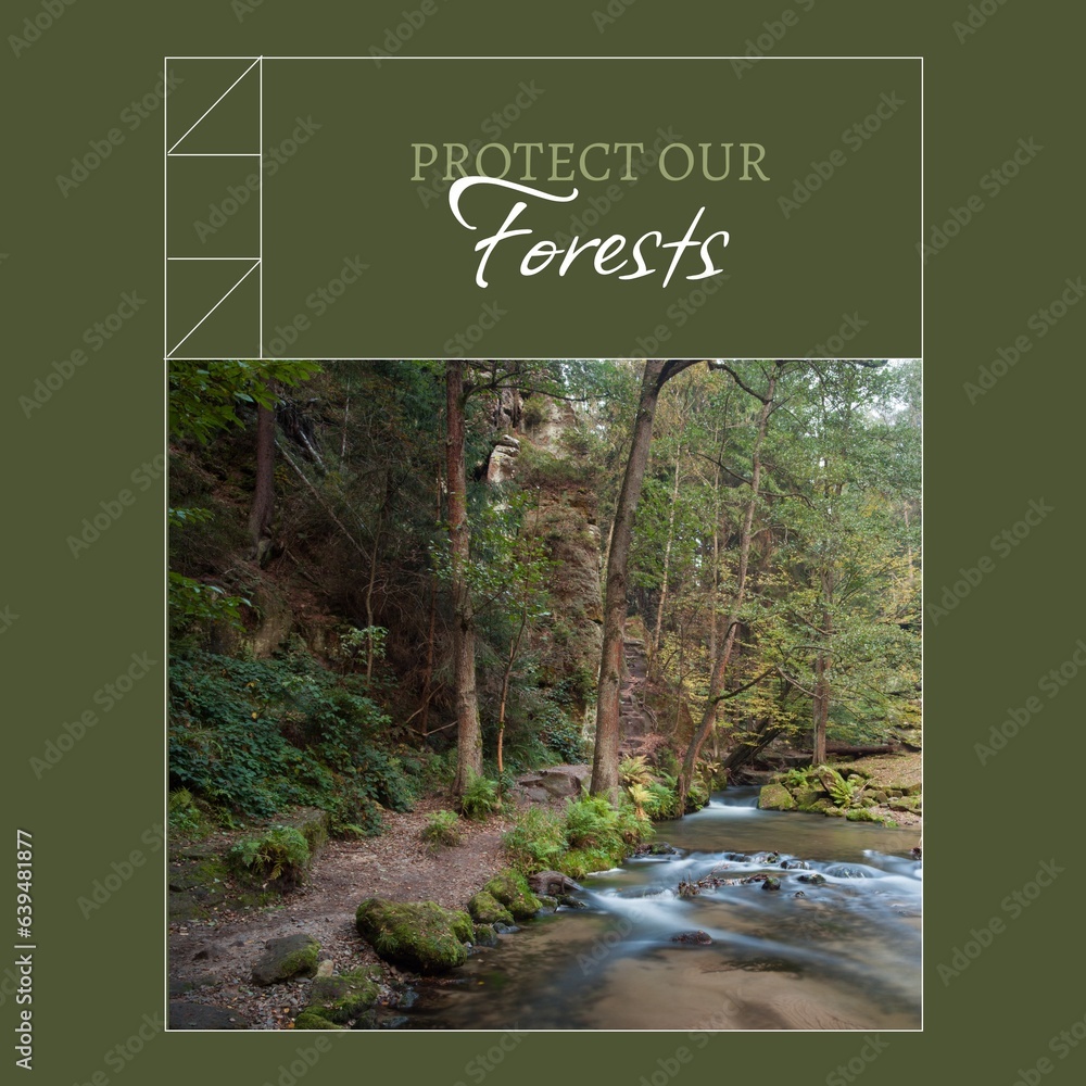 Poster composite of protect our forests text and tranquil view of river flowing through trees in forest