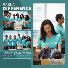Collage of volunteers with donation boxes and make a difference day text