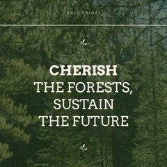 Fototapeta premium This friday, cherish the forests, sustain the future text over beautiful trees growing in forest