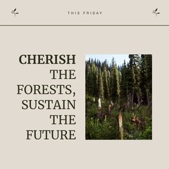 Composite of this friday, cherish the forests, sustain the future text, pine trees growing in woods