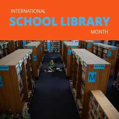 International school library month text, biracial woman in hijab sitting amidst shelves in library