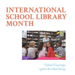 Composite of diverse teacher reading book for children and international school library month text