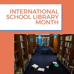 Composite of international school library month text and various books arranged on bookshelf