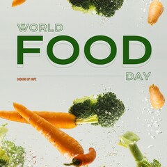 Composite of world food day text and carrots, broccoli floating in water on white background