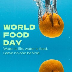 World food day and water is life, water is food, leave no one behind over oranges falling in water