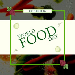 Composite of october 16 and world food day text with various fresh vegetables in water