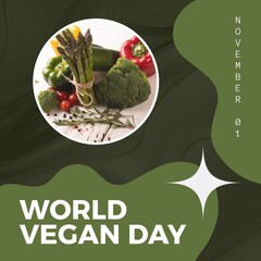 Composite of november 1st and world vegan day text with various vegetables on table, copy space