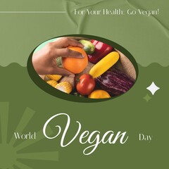 Composite of world vegan day text and hand of biracial person with fresh fruits and vegetables