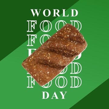 Composite of whole brown bread and world food day text on green background, copy space