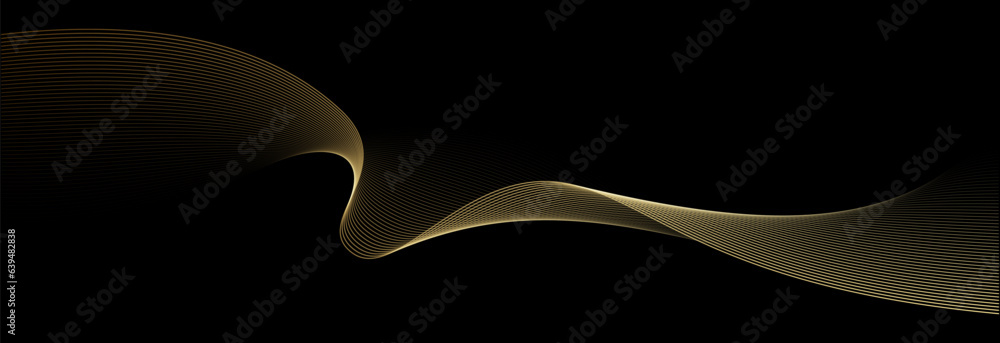 Poster Abstract vector wavy lines flowing smooth curve gold gradient color on black background in concept of luxury, technology, science, music, modern.