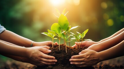 Hand holding a seedling plant against a blurred green nature background with sunlight. Earth Day...