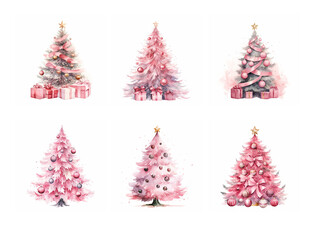 Set of Christmas Trees in Pink Watercolor Illustrations Decorations 