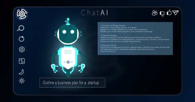 Animation of ai robot icon moving and digital interface on black background