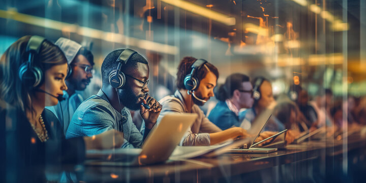 Group Of Diverse People Telephone Operators With Headset Working On Laptop In Row In Customer Support Helpline Call Center.