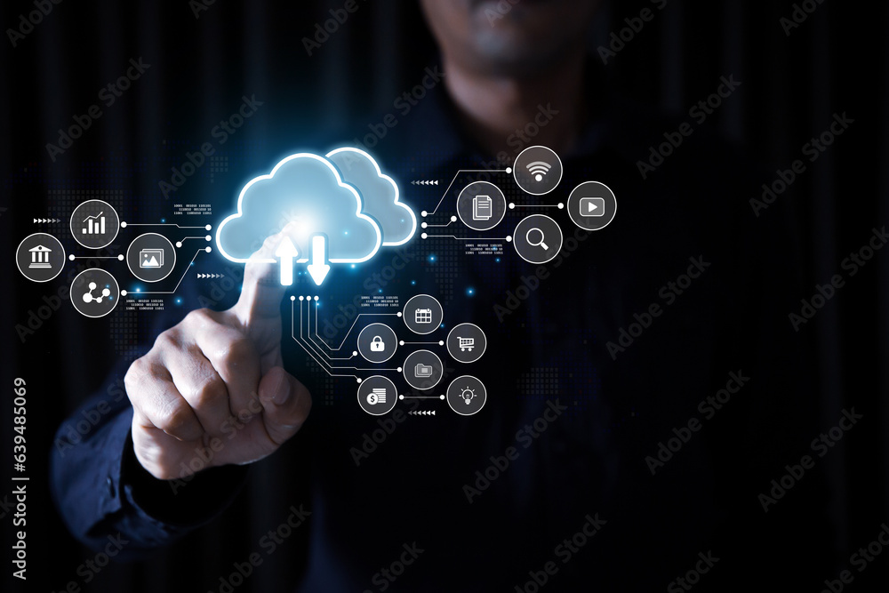 Poster database storage cloud technology file data transfer sharing, cyber, big data information for financ
