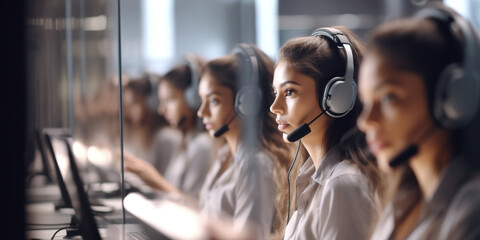 Beautiful young women with headset working in row at call center.
