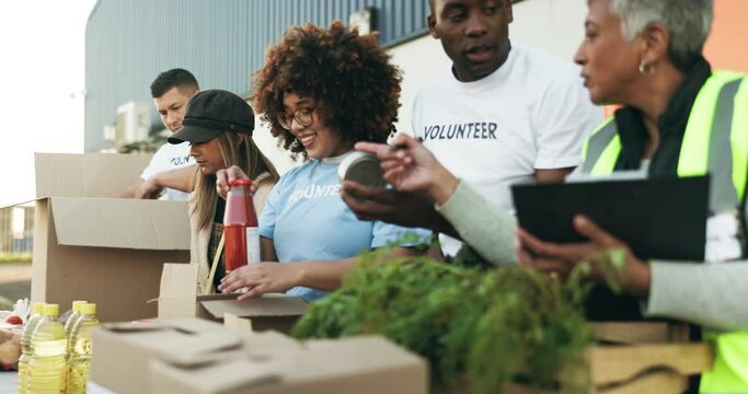 People volunteering, boxes and food donation in community service, teamwork and support with NGO checklist. Nonprofit manager or group for packaging groceries, planning or helping in charity project