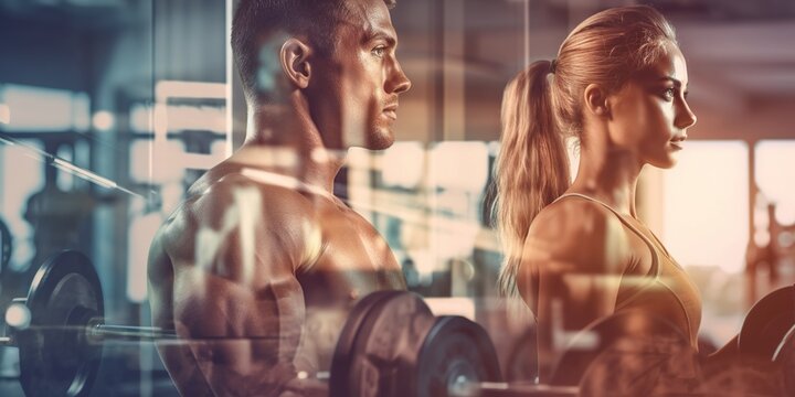 Side view of sporty attractive woman and handsome muscular man lifting weights in the gym.