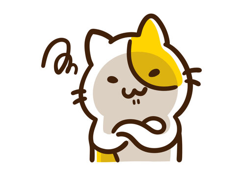 深刻な顔で思い悩むかわいいねこのキャラクターのデフォルメイラスト