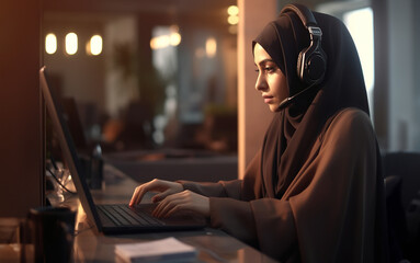 Arabic business woman working with headset and laptop computer in office.