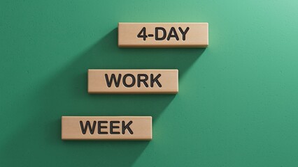4-day work week symbol. Concept words 4-day work week on wooden blocks. Businessman hand. Copy space. Business and 4-day work week and short workweek concept.3D rendering on green background.
